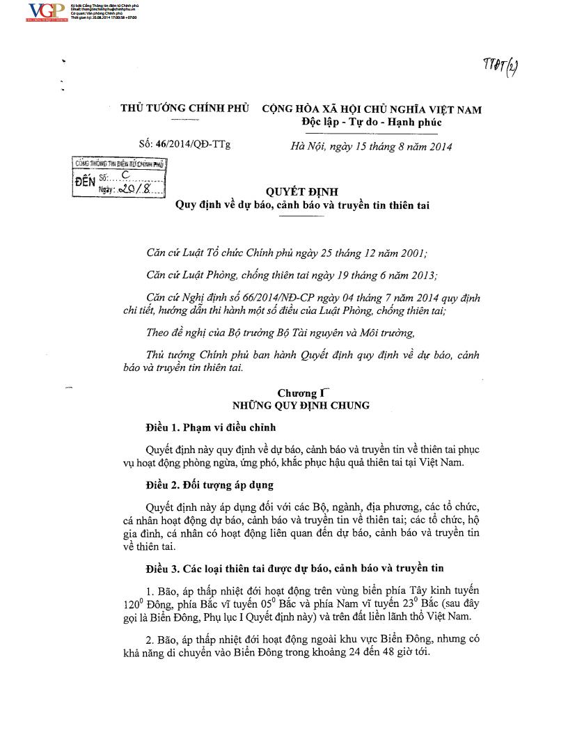 Quyết định số 46/2014/QĐ-TTg ngày 15/8/2014 về Quy định về dự báo, cảnh báo và truyền tin thiên tai
